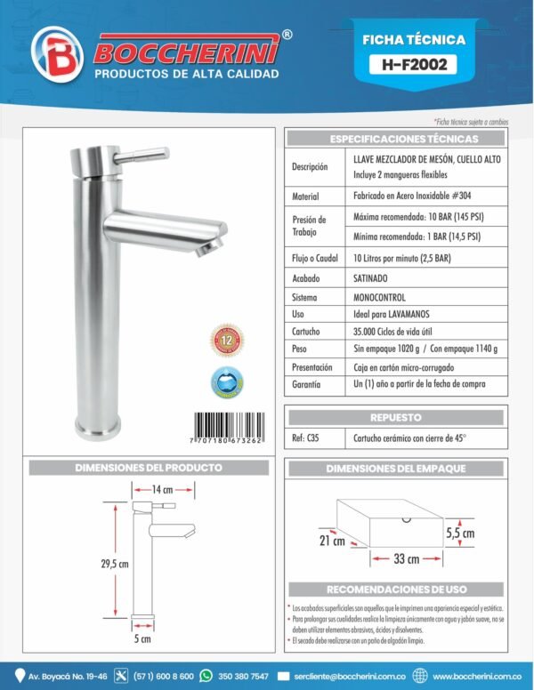 H-F2002-ft-1.jpg Mezclador Lavamanos en Acero Inoxidable # 304, Incluye 2 Mangueras Flexibles 2
