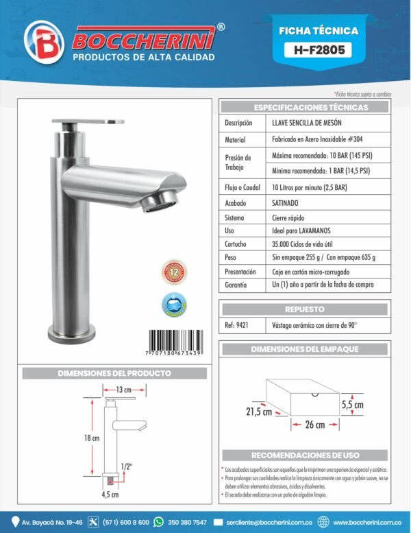 H-F2805-1.jpg Llave Sencilla Lavamanos en Acero Inoxidable # 304 5