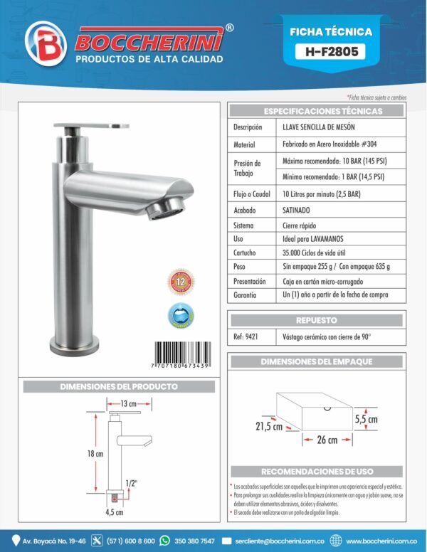 H-F2805-ft-1.jpg Llave Sencilla Lavamanos en Acero Inoxidable # 304 5