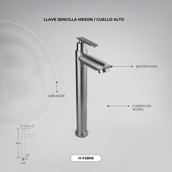 Llave Sencilla Lavamanos en Acero Inoxidable # 304 6