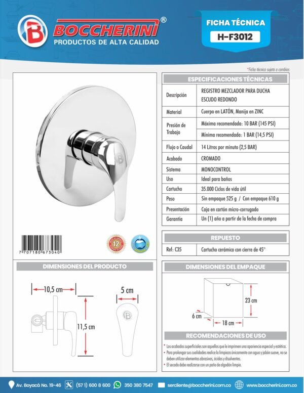 H-F3012-1.jpg Registro Monocontrol Cuerpo en Latón de Alta Calidad Manija en Zinc Escudo Redondo en Acero Inoxidable Cartucho de Cerámica
