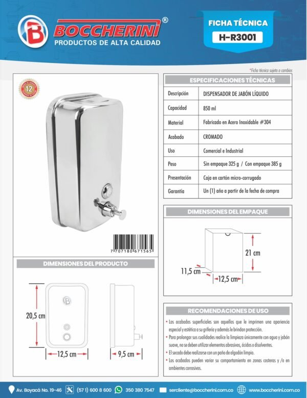 H-R3001-1.jpg Dispensador de Jabón en Acero Inoxidable # 304 1000 Ml.