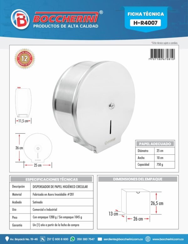 Dispensador de Papel Higiénico en Acero Inoxidable # 201. Tamano 260 x 255 x 115 Mm.