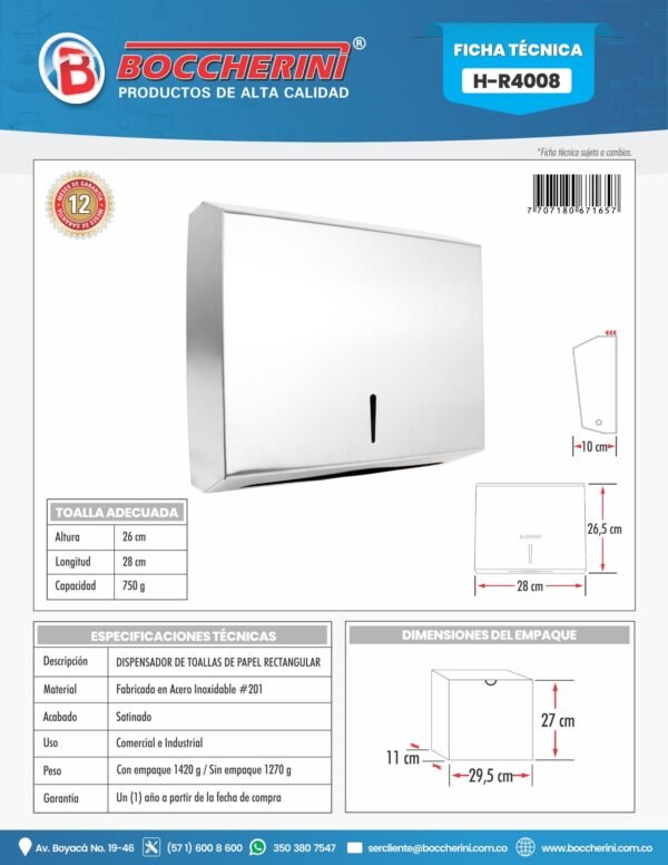Dispensador de Toallas de Papel en Acero Inoxidable # 201. Tamaño 285 x 100 x 263 MM