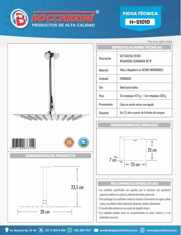 SET DUCHA TECHO  REGADERA CUADRADA 8  EN ACERO INOXIDABLE  TUBO EN ACERO INOXIDABLE DE 20 CM