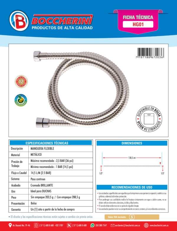 Manguera Flexible Cromada 1.5m