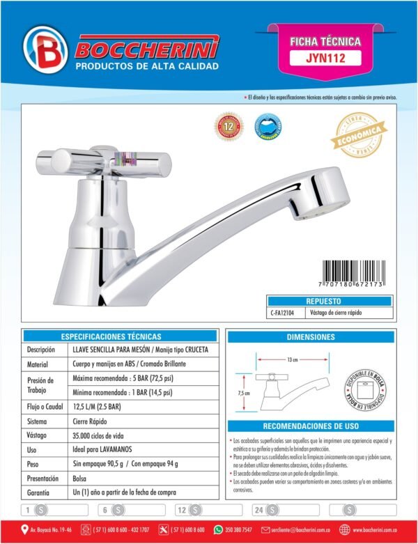 JYN112-ft Llave Lavamanos Sencilla Tipo Cruceta
