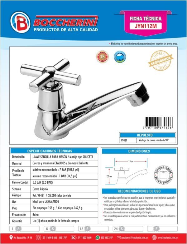 Llave Metalica Lavamanos Sencilla Tipo Cruceta