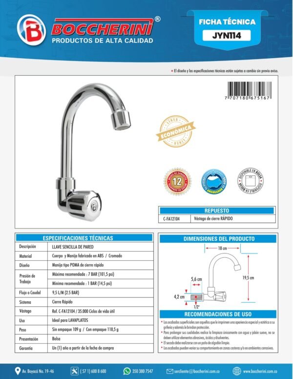Llave Lavaplatos Sencilla de Pared Pomo
