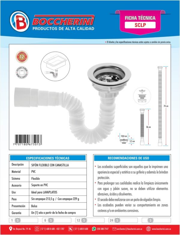 SCLP-ft Sifon Flexible con Canastilla para Lavaplatos