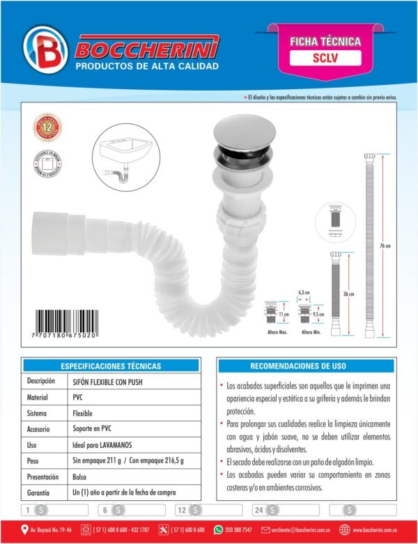 Sifon Flexible con Push para Lavamanos