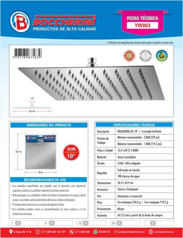 REGADERA CUADRADA EN ACERO INOXIDABLE DE 10