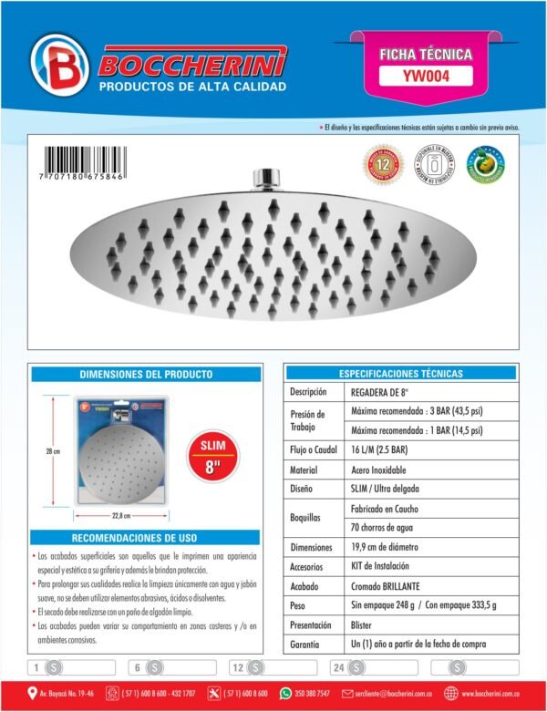 YW004-1.jpg Regadera Redonda en Acero Inoxidable de 8