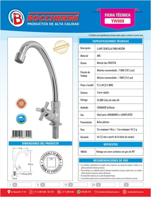 YW008-ft Llave Lavaplatos Meson en ABS Cromada Manija Tipo Cruceta