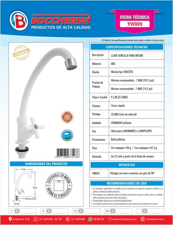 Llave Lavaplatos Meson en ABS Blanca Manija Tipo Cruceta