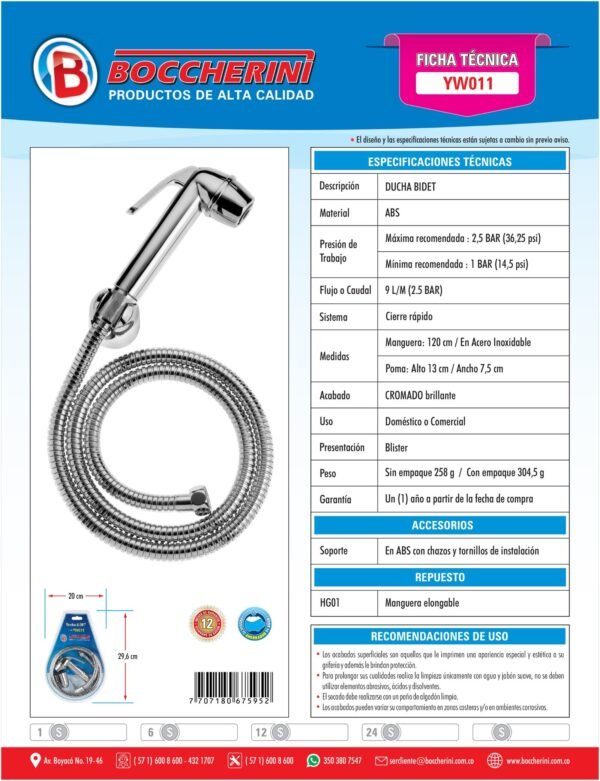 Regadera Bidet ABS Cromada Manguera Acero Inoxidable 1.2 Mts
