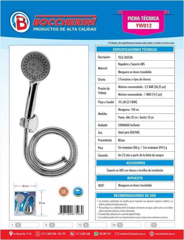 YW012-ft Teleducha ABS Cr. 5 Funciones Manguera Acero Inoxidable 1 5m
