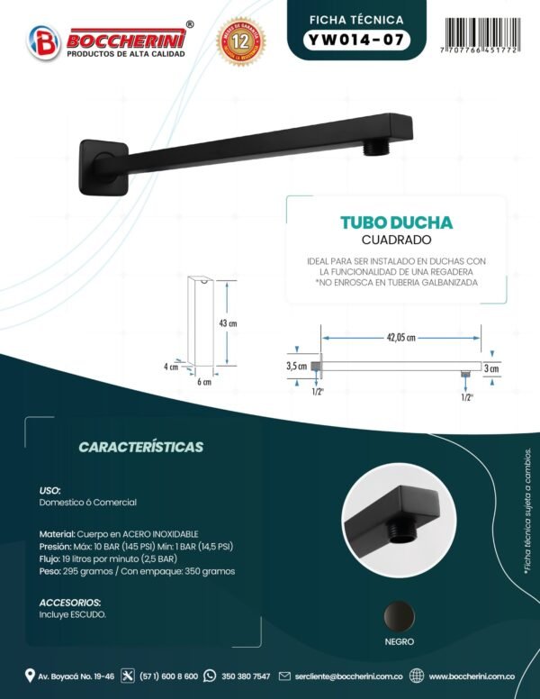 Tubo de Ducha Cuadrado 3cm x 40cm Color Negro