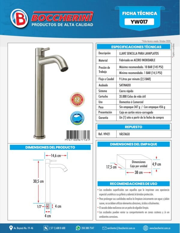 YW017-1.jpg Llave Sencilla Lavamanos en Acero Inoxidable