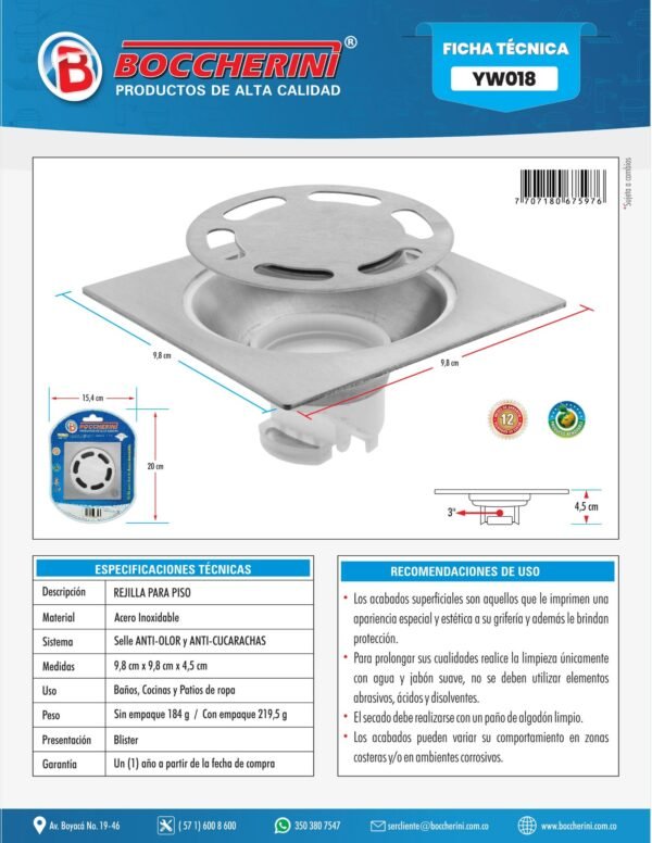 YW018-ft Rejilla para Piso en Acero Inoxidable 10cm x 10cm x 4.5cm D-3