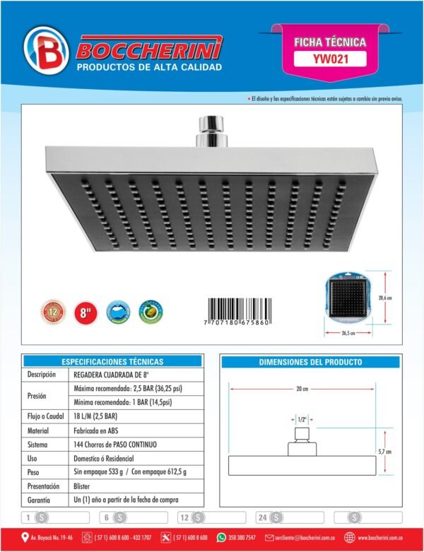 Regadera de 8" Cuadrada Negra/cromado