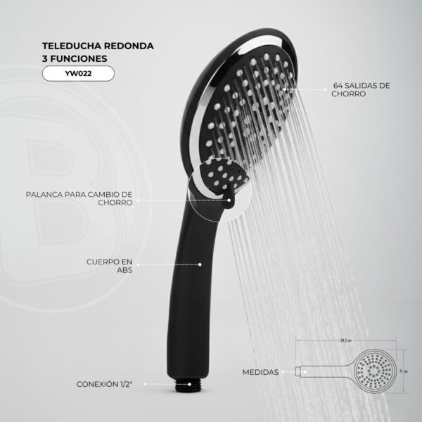 YW022-1.jpg Teleducha Redonda Tres Funciones en ABS de 4 Negra/cromo