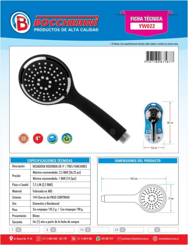 YW022-ft Teleducha Redonda Tres Funciones en ABS de 4 Negra/cromo
