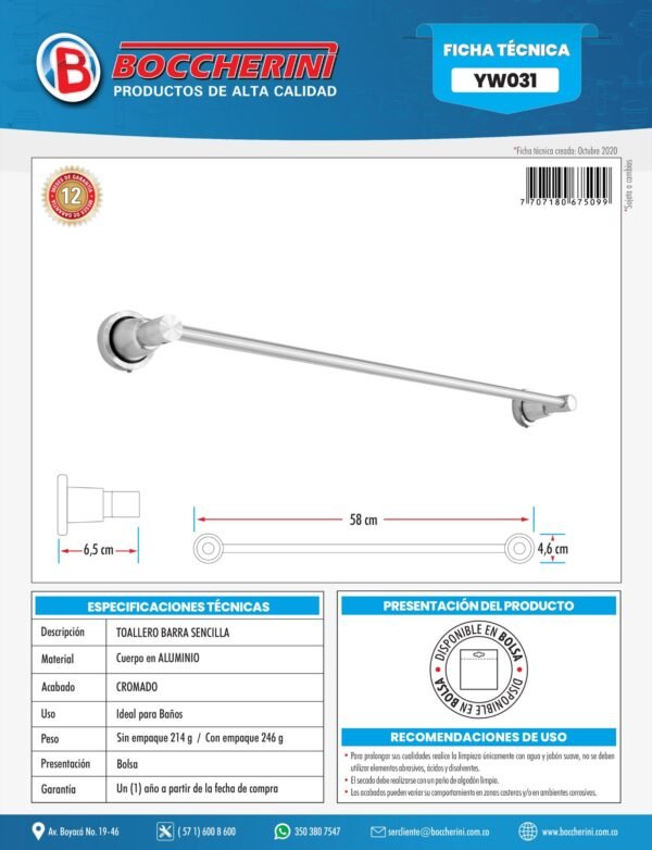 Toallero Barra Sencilla en Aluminio Base Redonda