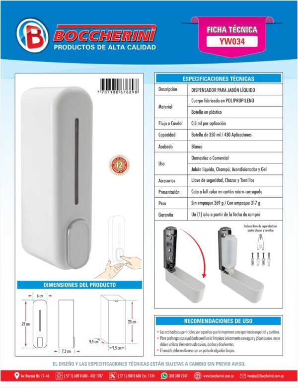 DISPENSADOR JABON LIQUIDO 1 BOTELLA EN ABS BLANCO 350 ml