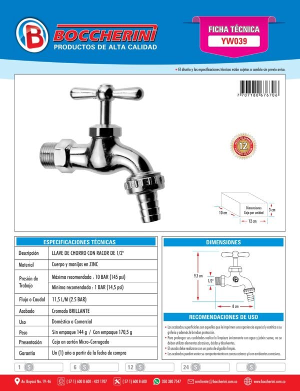 Llave de Chorro con Racor de 1/2 Ref. Yw039