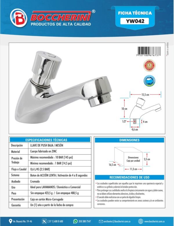 Llave de Push Lavamanos Baja Ref. Yw042