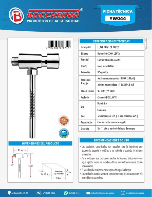 Llave de Push para Orinal Ref. Yw044