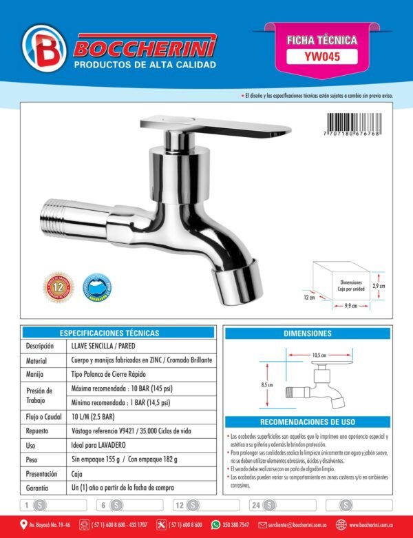 Llave para Lavadero Cromada Manija Tipo Palanca Ref. Yw045