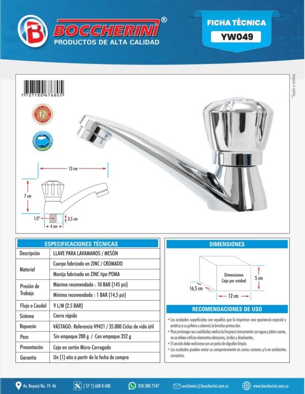 Llave Lavamanos Cromada Manija Tipo Pomo Ref. Yw049