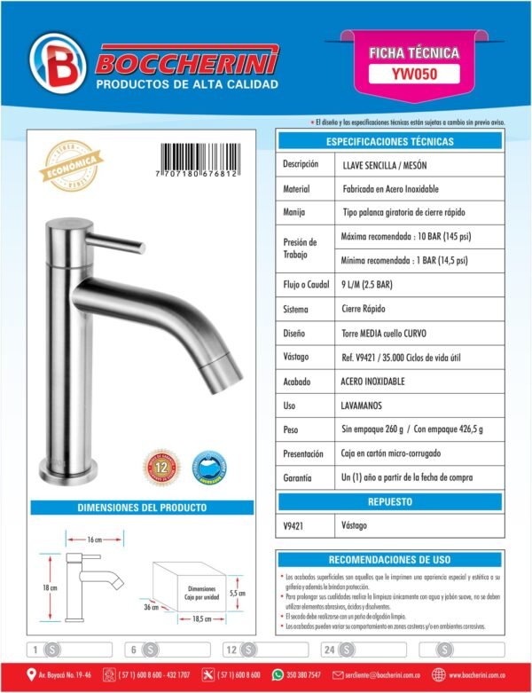 Llave Sencilla Lavamanos Ref. Yw050