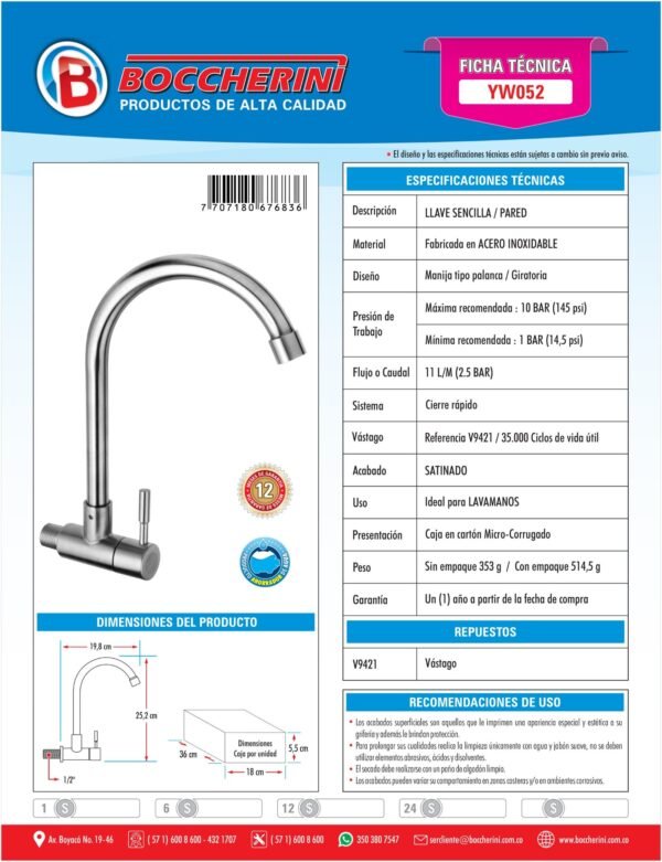 Llave Sencilla Pared Satinada Cuello Curvo