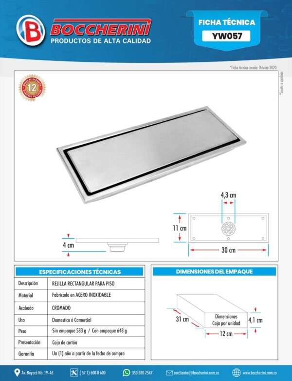 REJILLA PISO RECTANGULAR EN ACERO INOXIDALBE 30x11cm PARA BANO