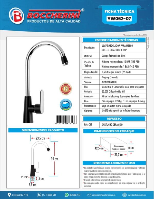 YW062-07-ft MEZCLADOR MONOCONTROL LAVAPLATOS EN ZINC BASE EN COLOR NEGRO