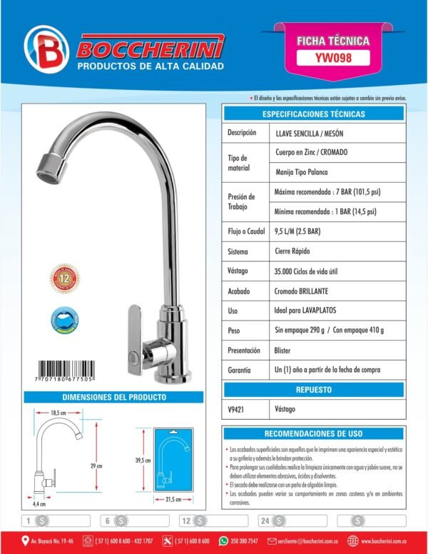 Llave Sencilla Meson Lavaplatos Cuerpo ABS Manija Tipo Palanca