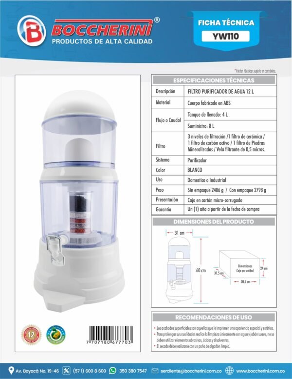 Filtro Purificador de Agua 12 LT