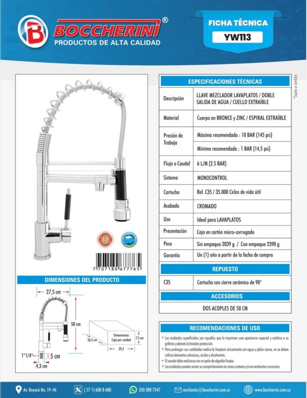 YW113-ft MEZCLADOR LAVAPLATOS EN BRONCE Y ZINC MANIJA TIPO PALANCA DOBLE SALIDA DE AGUA