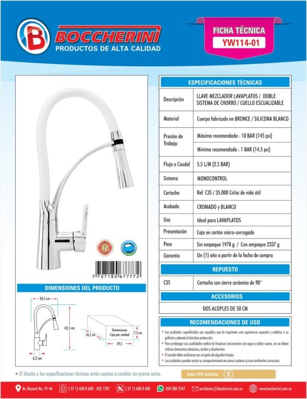 Mezclador Lavaplatos en Bronce Cuello Escualizable Color Blanco