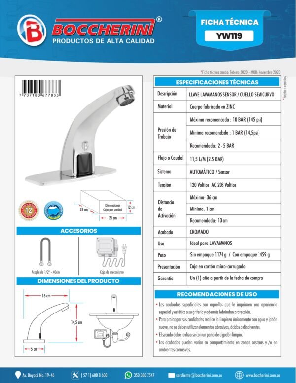 Llave Lavamanos de Sensor en Zinc Cuello Semicurvo Cromada