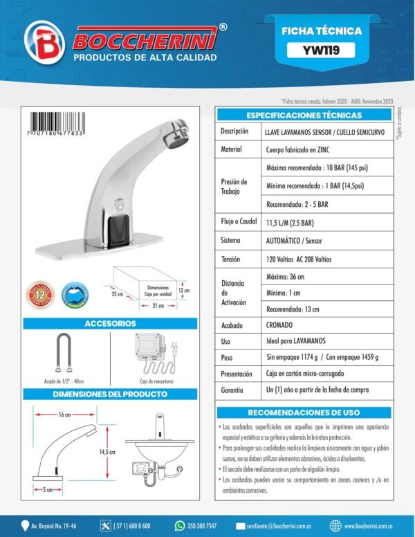 Llave Lavamanos de Sensor en Zinc Cuello Semicurvo Cromada