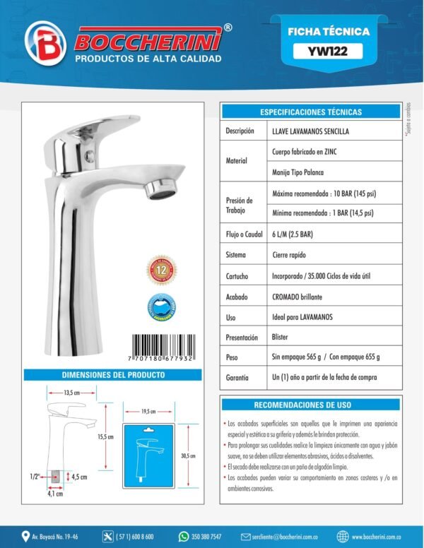 LLAVE SENCILLA LAVAMANOS EN ZINC MANIJA TIPO PALANCA CROMADO