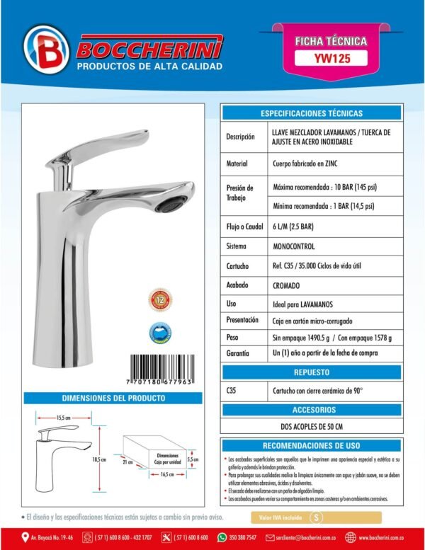 Mezclador Lavamanos en Zinc con Tuerca de Ajuste en Acero Inox. Cromado