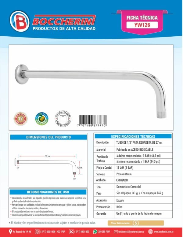 YW126-ft Tubo de 1/2 en Acero Inoxidable para Regadera de 37cm Cromado