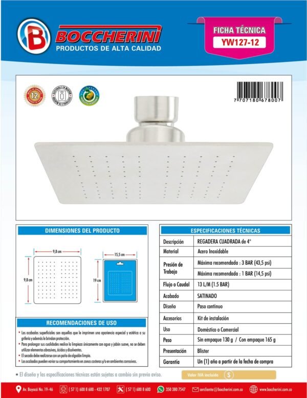 REGADERA CUADRADA PLANA DE 4  EN ACERO INOXIDABLE SATINADA