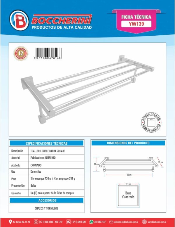 Toallero Triple Barra de 60 CM Base Cuadrada en Aluminio