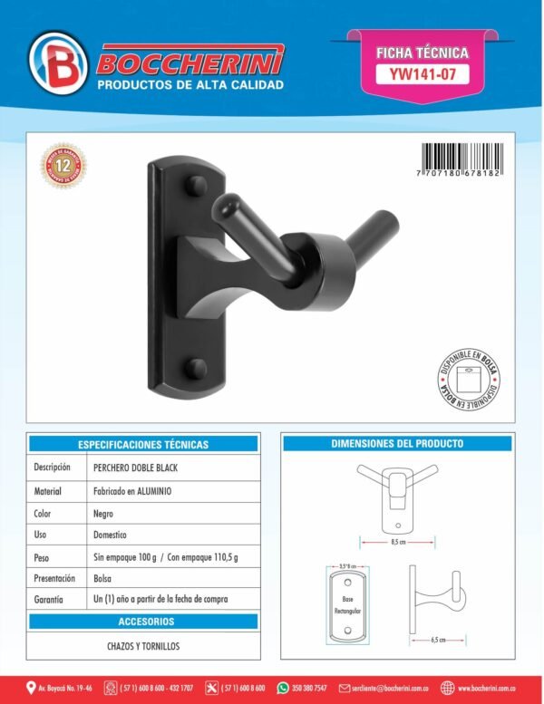 Perchero Doble Base Rectangular en Aluminio Color Negro